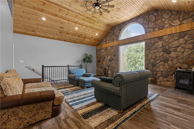 207 Linden Rd, North Strabane, PA 15317 - living room with ceiling fan, a wood stove, high vaulted ceiling, wood ceiling, and wood finished floors