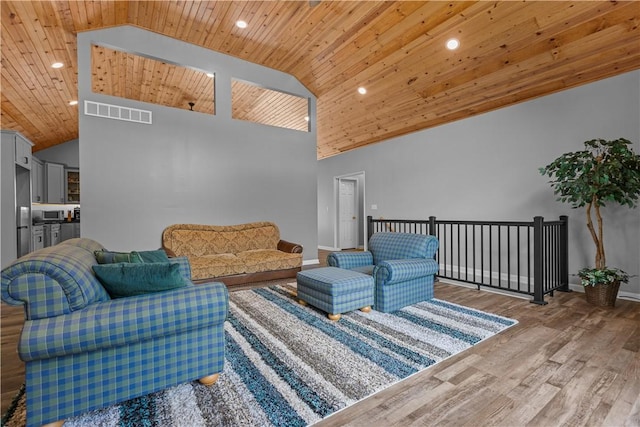 207 Linden Rd, North Strabane, PA 15317 - living room with wooden ceiling, recessed lighting, wood finished floors, and high vaulted ceiling