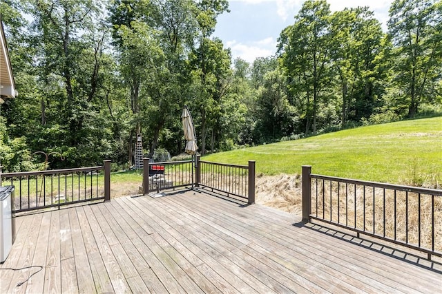 207 Linden Rd, North Strabane, PA 15317 - wooden terrace featuring a lawn and view of wooded area