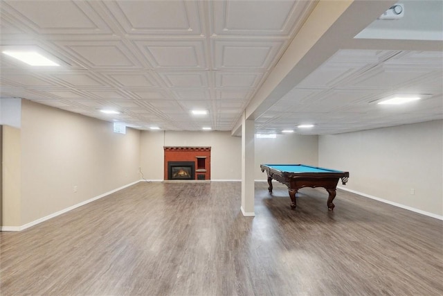 410 Blackhawk Rd, Chippewa Twp, PA 15010 - game room with a glass covered fireplace, billiards, wood finished floors, recessed lighting, and an ornate ceiling