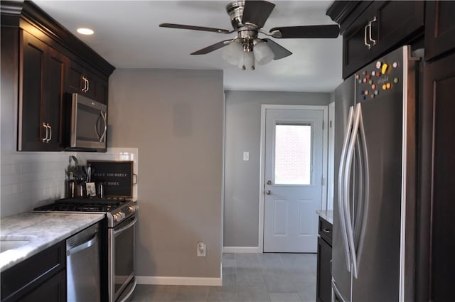 5676 Marilynn Dr, Bethel Park, PA 15236 - kitchen featuring stainless steel appliances, backsplash, a ceiling fan, recessed lighting, and light tile patterned floors