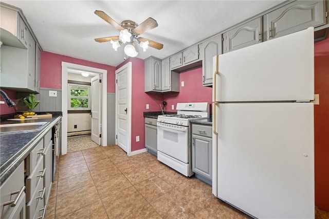 665 Stuchell Rd, Burrel/Blacklick, PA 15748 - kitchen with white appliances, dark countertops, gray cabinetry, and ceiling fan