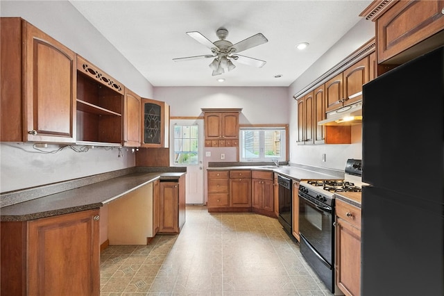 227 Henderson St, Fineview, PA 15212 - kitchen with black appliances, under cabinet range hood, a ceiling fan, brown cabinets, and open shelves