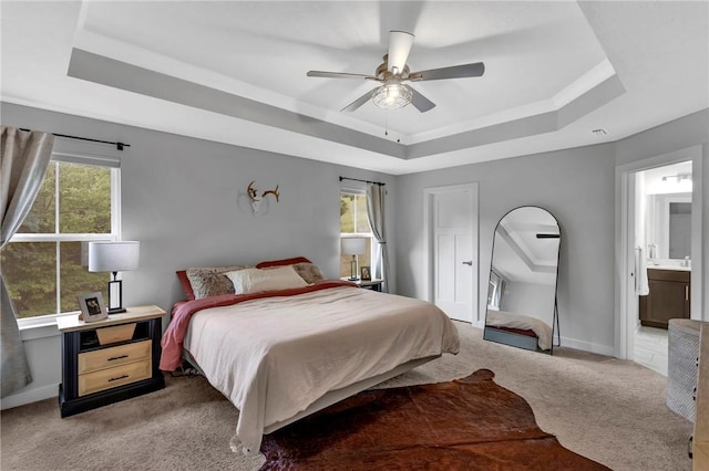 212 Bengal Fox, Jackson Twp, PA 16063 - carpeted bedroom featuring a raised ceiling, ceiling fan, and ensuite bathroom