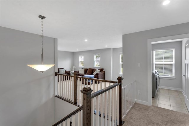 212 Bengal Fox, Jackson Twp, PA 16063 - corridor with an upstairs landing, recessed lighting, light colored carpet, and light tile patterned flooring