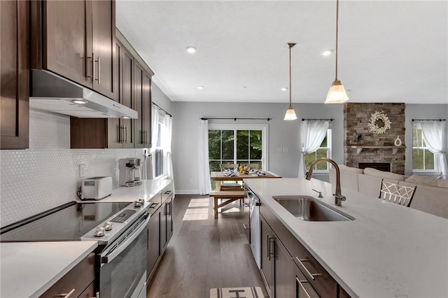 212 Bengal Fox, Jackson Twp, PA 16063 - kitchen featuring stainless steel appliances, under cabinet range hood, dark brown cabinetry, dark wood-style floors, and healthy amount of natural light