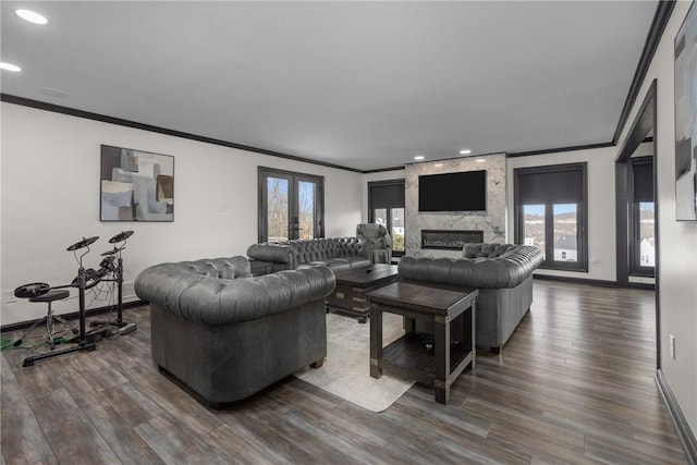 2460 Nicholson Rd, Franklin Park, PA 15143 - living area featuring ornamental molding, dark wood finished floors, recessed lighting, a large fireplace, and french doors