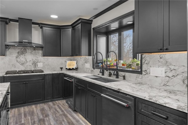 2460 Nicholson Rd, Franklin Park, PA 15143 - kitchen featuring wall chimney range hood, stainless steel appliances, light stone counters, tasteful backsplash, and wood finished floors