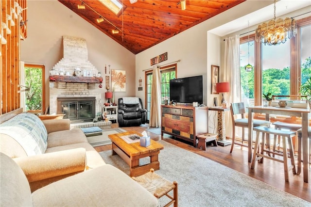 530 Perry Hwy, Lancaster Twp, PA 16037 - living room with wood finished floors, healthy amount of natural light, high vaulted ceiling, wooden ceiling, and a brick fireplace