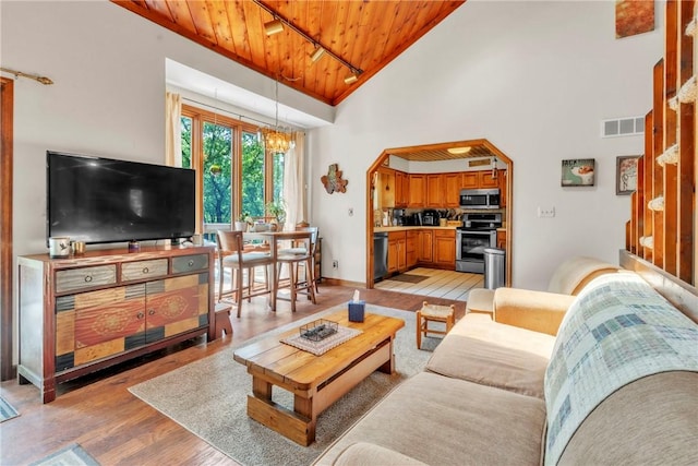 530 Perry Hwy, Lancaster Twp, PA 16037 - living room with wooden ceiling, track lighting, high vaulted ceiling, light wood-style floors, and a chandelier
