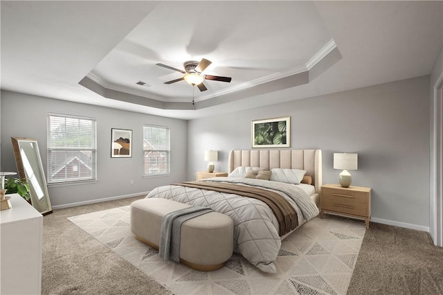 6412 Interlaken Dr, South Fayette, PA 15057 - bedroom featuring a raised ceiling, ornamental molding, light colored carpet, and ceiling fan