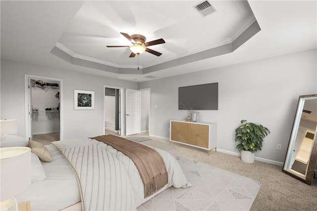 6412 Interlaken Dr, South Fayette, PA 15057 - bedroom with a raised ceiling, ornamental molding, light colored carpet, a spacious closet, and a ceiling fan