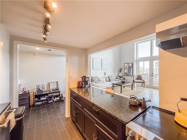 66 Pius St Unit 103, South Side, PA 15203 - kitchen featuring dark stone countertops, dark brown cabinetry, open floor plan, track lighting, and french doors