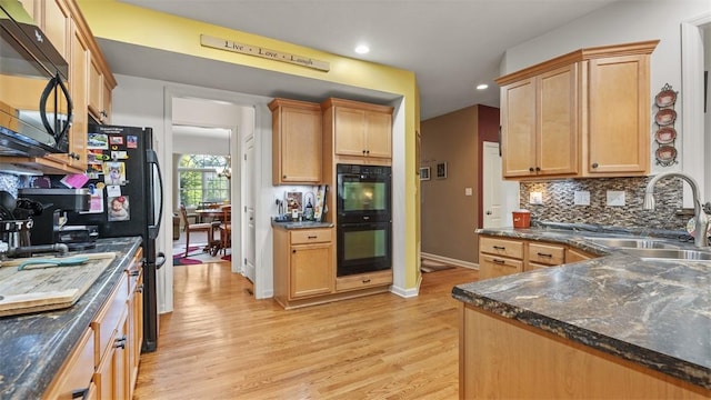 1025 Brookfield Dr, Bethel Park, PA 15102 - kitchen featuring black appliances, light wood-style floors, recessed lighting, backsplash, and light brown cabinetry