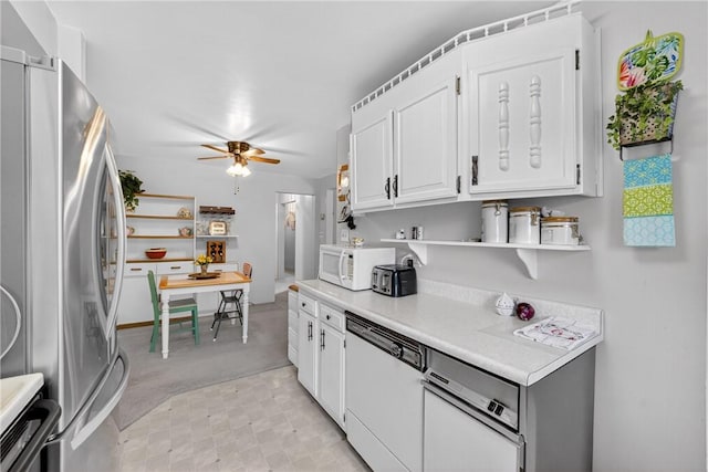 468 Crest Dr, Delmont, PA 15626 - kitchen with white appliances, light countertops, ceiling fan, white cabinets, and open shelves
