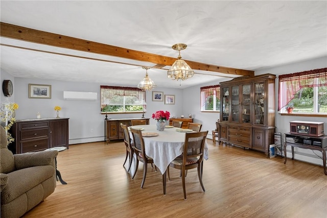 468 Crest Dr, Delmont, PA 15626 - dining area with a baseboard radiator, a wall mounted AC, a chandelier, light wood-type flooring, and beamed ceiling