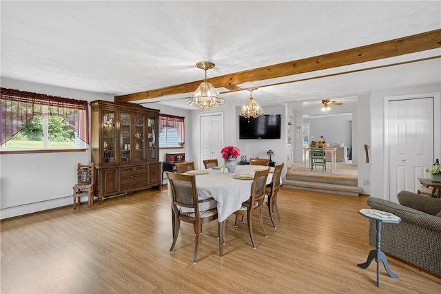 468 Crest Dr, Delmont, PA 15626 - dining area with plenty of natural light, light wood-style flooring, beamed ceiling, and a chandelier
