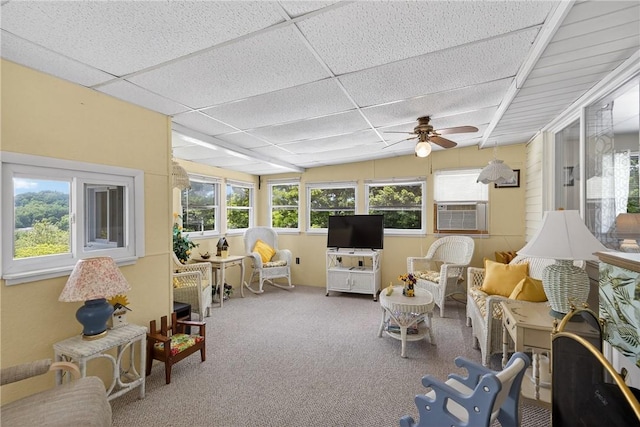 468 Crest Dr, Delmont, PA 15626 - sunroom / solarium featuring ceiling fan, cooling unit, carpet flooring, outdoor lounge area, and a drop ceiling