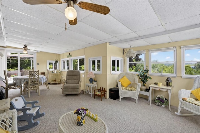 468 Crest Dr, Delmont, PA 15626 - sunroom featuring ceiling fan, carpet flooring, and a drop ceiling