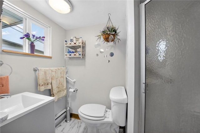 468 Crest Dr, Delmont, PA 15626 - bathroom with a shower stall, marble finish flooring, baseboard heating, and vanity