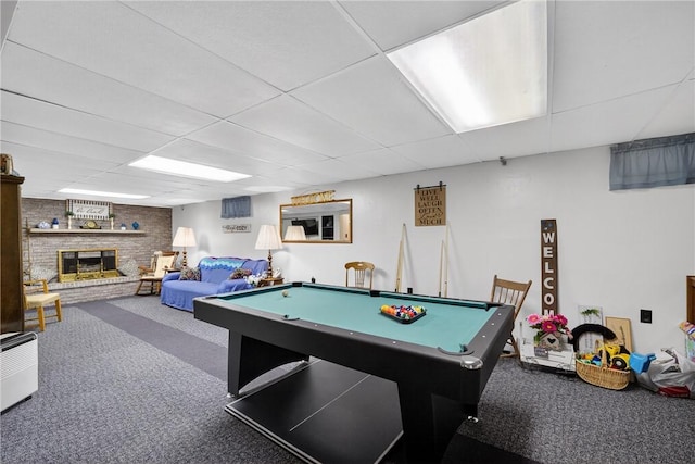 468 Crest Dr, Delmont, PA 15626 - game room featuring carpet flooring, a drop ceiling, billiards, and a brick fireplace