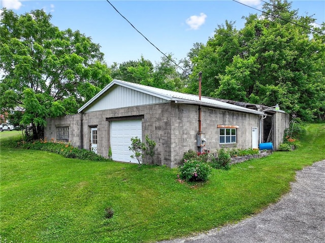 468 Crest Dr, Delmont, PA 15626 - view of home's exterior featuring concrete block siding and a lawn