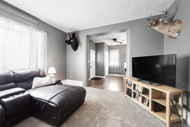 503 E Murphy Ave, Connellsville, PA 15425 - living area featuring ceiling fan, dark colored carpet, and dark wood-type flooring