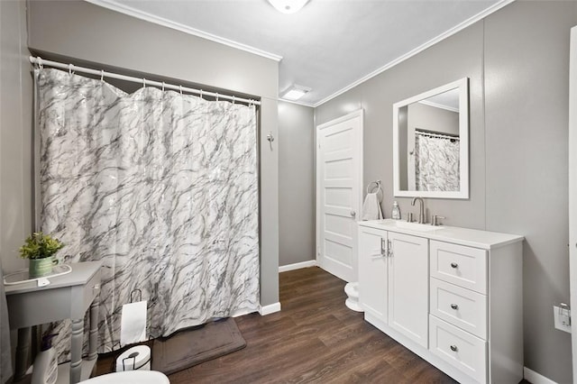 503 E Murphy Ave, Connellsville, PA 15425 - bathroom featuring vanity, wood finished floors, crown molding, and curtained shower
