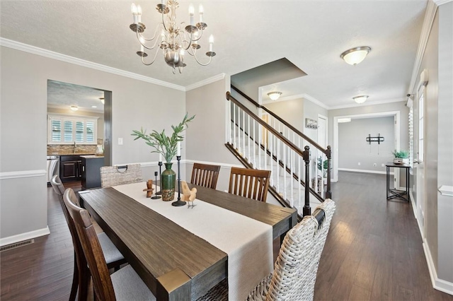 108 Norfolk Dr, Buffalo Twp But, PA 16055 - dining room featuring dark wood finished floors, a chandelier, stairway, and ornamental molding