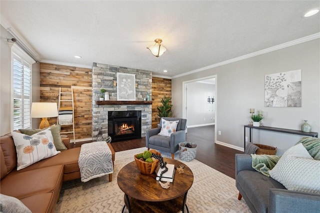 108 Norfolk Dr, Buffalo Twp But, PA 16055 - living area with wood finished floors, ornamental molding, a stone fireplace, and recessed lighting
