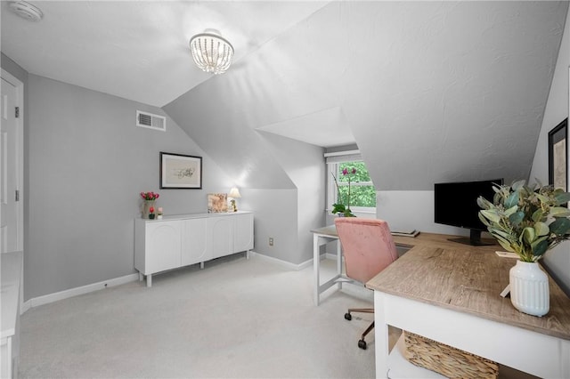 727 Vermont Ave, Mt Lebanon, PA 15234 - home office featuring vaulted ceiling, light colored carpet, and a chandelier