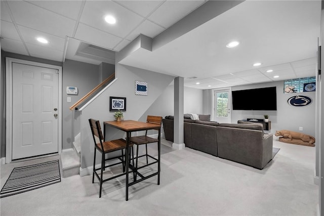 727 Vermont Ave, Mt Lebanon, PA 15234 - living area featuring light carpet, stairway, recessed lighting, and a paneled ceiling