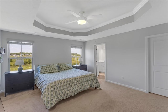 1006 Callaway Dr, Jeannette, PA 15644 - bedroom with a raised ceiling, light carpet, crown molding, ceiling fan, and connected bathroom