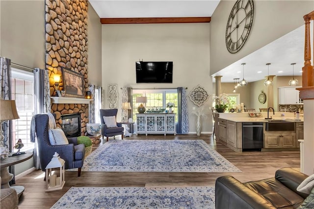 245 Shaw Ct, Salem Twp Wml, PA 15670 - living room with a fireplace, a high ceiling, and wood finished floors