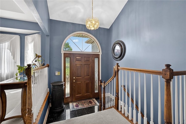 260 Arrowhead Ln, Nottingham, PA 15330 - entryway with granite floors, a chandelier, and high vaulted ceiling