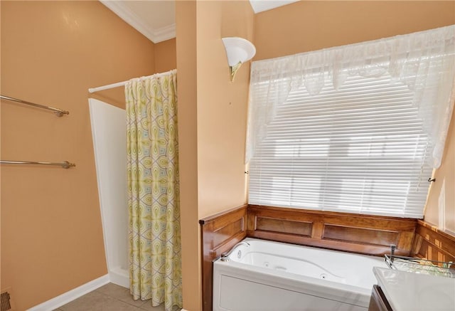 260 Arrowhead Ln, Nottingham, PA 15330 - full bath featuring ornamental molding, a whirlpool tub, a shower stall, wainscoting, and tile patterned floors