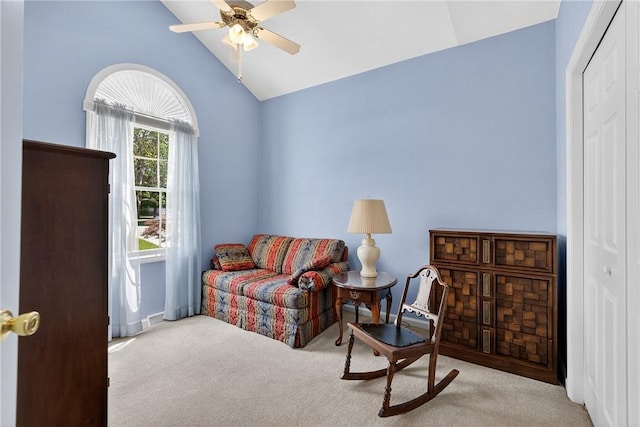 260 Arrowhead Ln, Nottingham, PA 15330 - living area featuring carpet floors, ceiling fan, and high vaulted ceiling
