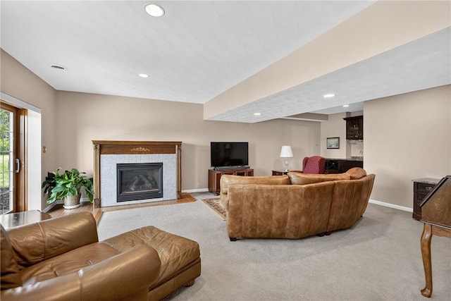 260 Arrowhead Ln, Nottingham, PA 15330 - carpeted living area with recessed lighting and a tile fireplace