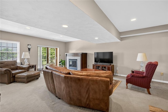 260 Arrowhead Ln, Nottingham, PA 15330 - living area with light carpet, a tiled fireplace, and recessed lighting