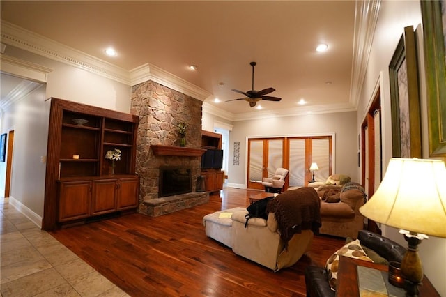 434 Bocktown Cork Rd, Independence Bea, PA 15026 - living room featuring a fireplace, ceiling fan, dark wood-type flooring, crown molding, and recessed lighting