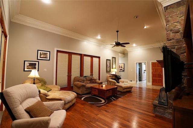 434 Bocktown Cork Rd, Independence Bea, PA 15026 - living area featuring a fireplace, ornamental molding, wood-type flooring, a ceiling fan, and recessed lighting