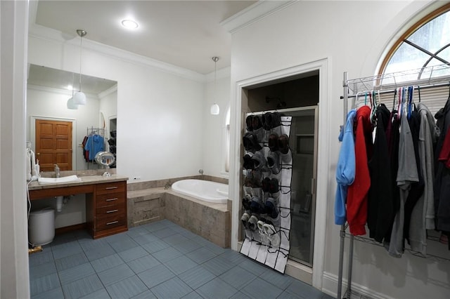 434 Bocktown Cork Rd, Independence Bea, PA 15026 - full bath with a bath, ornamental molding, a shower stall, tile patterned floors, and a walk in closet