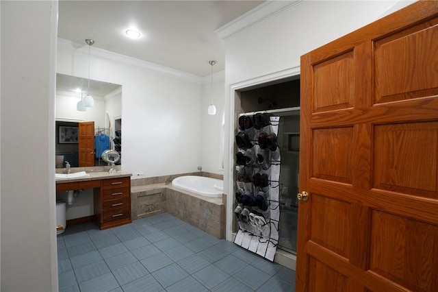 434 Bocktown Cork Rd, Independence Bea, PA 15026 - full bathroom featuring ornamental molding, a garden tub, tile patterned floors, and a shower