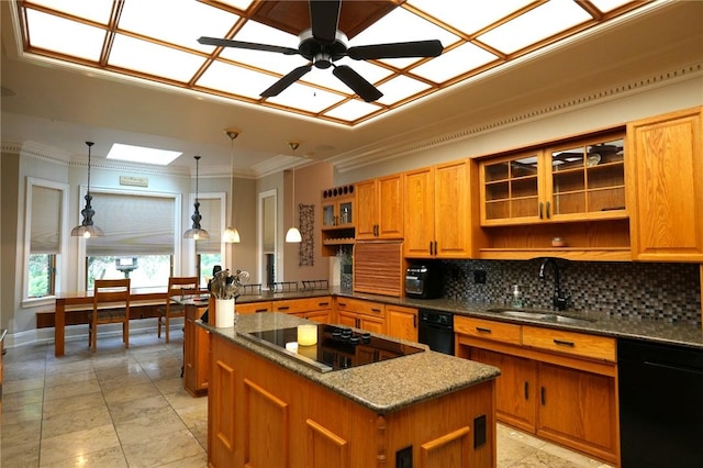 434 Bocktown Cork Rd, Independence Bea, PA 15026 - kitchen featuring open shelves, black appliances, crown molding, and a center island