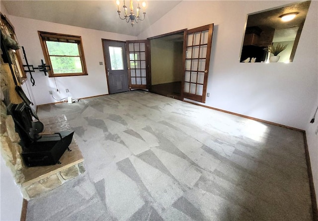 314 Wren Dr, Hempfield Twp Wml, PA 15601 - carpeted entryway featuring vaulted ceiling, a chandelier, and french doors