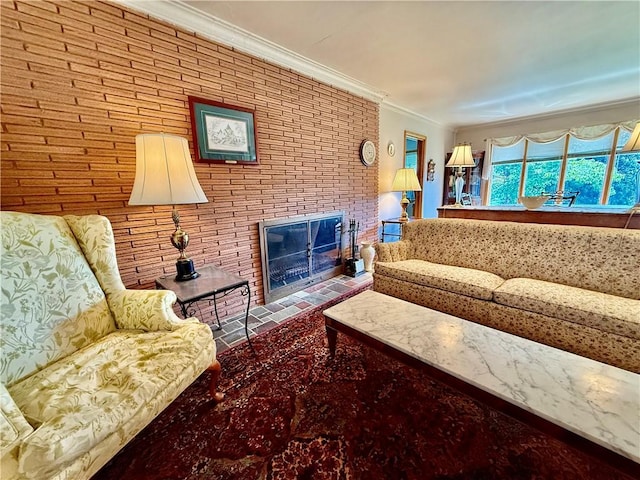 1180 Sunset Dr, Latrobe, PA 15650 - living area featuring crown molding and a brick fireplace
