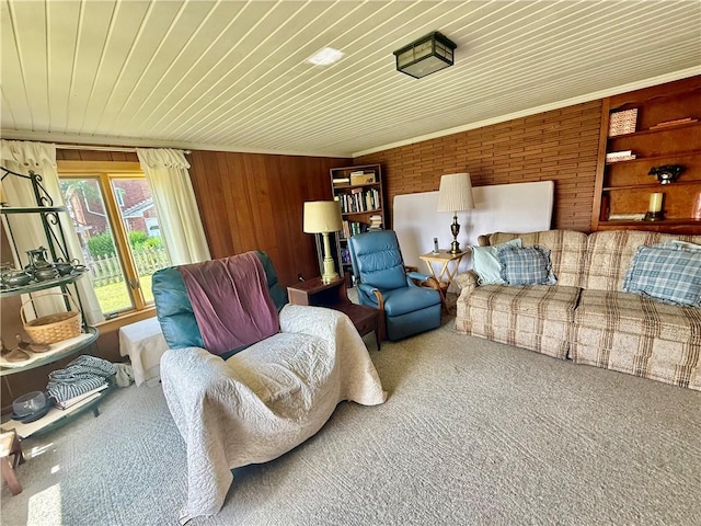 1180 Sunset Dr, Latrobe, PA 15650 - carpeted living area with wooden walls, ornamental molding, and wood ceiling