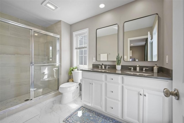 2123 Westcott Ln, South Fayette, PA 15017 - bathroom with marble finish floors, double vanity, a stall shower, and recessed lighting