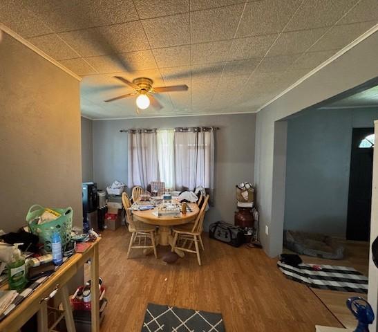 909 N Hickory St, Scottdale, PA 15685 - dining area featuring ornamental molding, wood finished floors, and ceiling fan