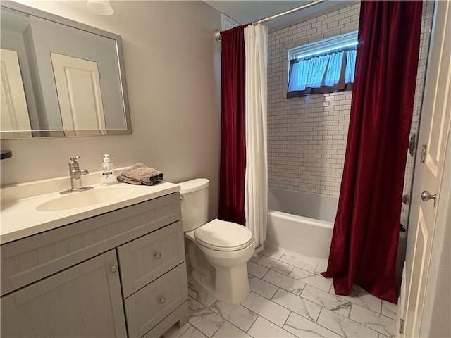 111 Hemlock Ln, Monroeville, PA 15146 - bathroom featuring shower / tub combo with curtain, vanity, and marble finish floors